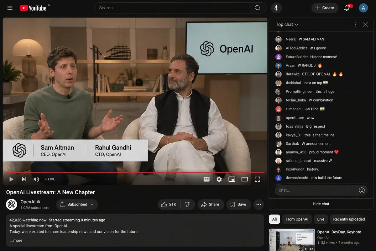Youtube screenshot of an openai livestream where sam altman and rahul gandhi announce that rahul is the new CTO