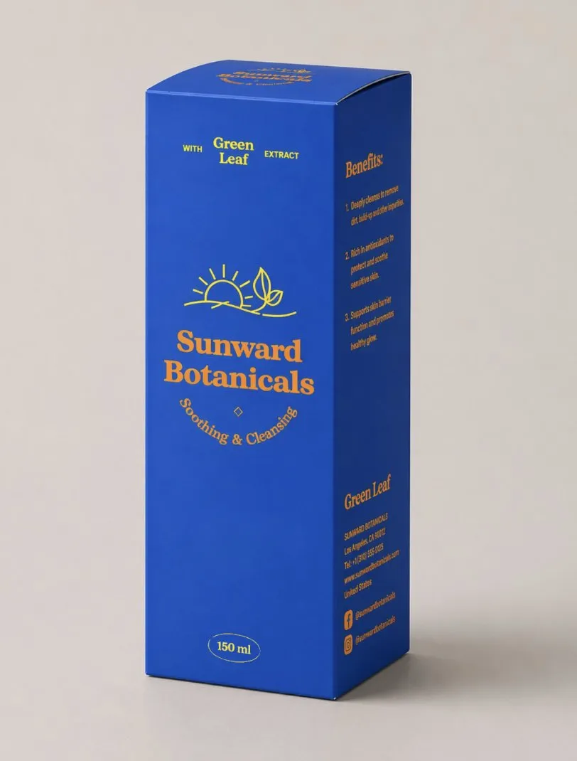 Assemble the dieline into a flawless 3D box with accurate panels, clean folds, undistorted type, and artwork preserved exactly. shoot it upright at a refined ¾ angle in a minimal premium studio setting with a soft neutral background, diffused light, subtle shadows, no props, true colours, matte paperboard texture, and realistic editorial detail