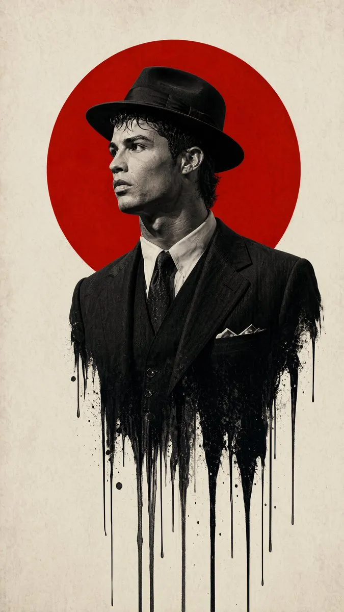 Subject & Composition:

Central Figure: A sharp profile view of a man wearing a classic 1940s fedora and a formal suit.

Melting Effect: The lower half of the man's torso should dissolve or "drip" into long, vertical black ink streaks and splatters, creating a surreal, liquid-bleed effect against the background.

Graphic Element: A large, solid vibrant red circle is positioned directly behind the man's head and shoulders, creating a "halo" or "rising sun" motif that anchors the composition.

Style & Color Palette:

Color Scheme: A strict minimalist palette of True Red, Deep Black, and Off-White/Cream.

Photography Style: High-contrast, black and white film noir photography for the subject. The texture should look like a high-resolution fashion editorial with a shallow depth of field.

Background: A clean, slightly textured off-white paper or canvas background to give it a premium, physical poster feel.

Technical Details:

Lighting: Strong "Rembrandt" lighting to define the facial contours, emphasizing the bridge of the nose and the jawline with deep shadows.

Atmosphere: Somber, intellectual, and high-stakes. The design should feel modern yet period-accurate to the mid-20th century.

Framing: Vertical poster orientation (A-frame), with significant negative space on the left and right to emphasize the central vertical axis.

Aspect ratio is 9:16