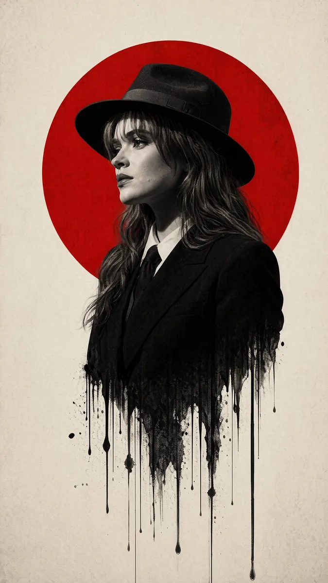 Subject & Composition:

Central Figure: A sharp profile view of a man wearing a classic 1940s fedora and a formal suit.

Melting Effect: The lower half of the man's torso should dissolve or "drip" into long, vertical black ink streaks and splatters, creating a surreal, liquid-bleed effect against the background.

Graphic Element: A large, solid vibrant red circle is positioned directly behind the man's head and shoulders, creating a "halo" or "rising sun" motif that anchors the composition.

Style & Color Palette:

Color Scheme: A strict minimalist palette of True Red, Deep Black, and Off-White/Cream.

Photography Style: High-contrast, black and white film noir photography for the subject. The texture should look like a high-resolution fashion editorial with a shallow depth of field.

Background: A clean, slightly textured off-white paper or canvas background to give it a premium, physical poster feel.

Technical Details:

Lighting: Strong "Rembrandt" lighting to define the facial contours, emphasizing the bridge of the nose and the jawline with deep shadows.

Atmosphere: Somber, intellectual, and high-stakes. The design should feel modern yet period-accurate to the mid-20th century.

Framing: Vertical poster orientation (A-frame), with significant negative space on the left and right to emphasize the central vertical axis.

Aspect ratio is 9:16