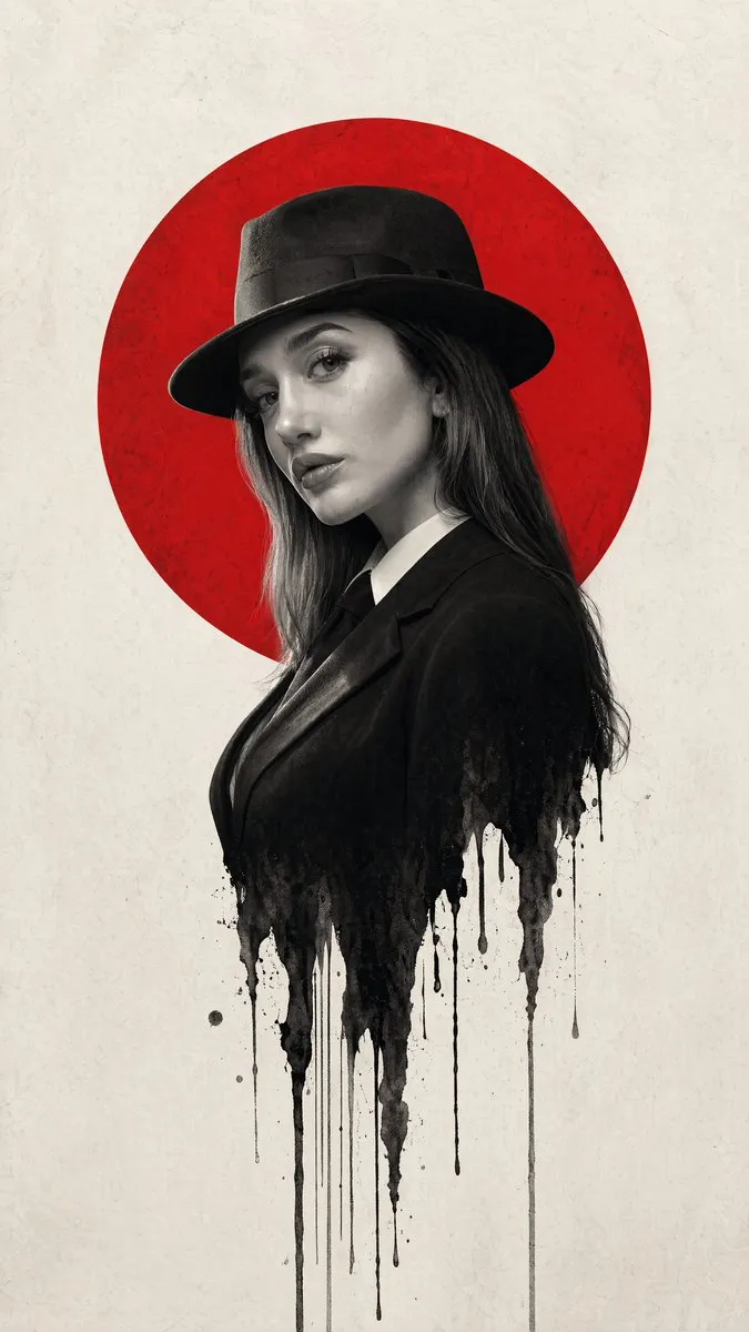 Subject & Composition:

Central Figure: A sharp profile view of a man wearing a classic 1940s fedora and a formal suit.

Melting Effect: The lower half of the man's torso should dissolve or "drip" into long, vertical black ink streaks and splatters, creating a surreal, liquid-bleed effect against the background.

Graphic Element: A large, solid vibrant red circle is positioned directly behind the man's head and shoulders, creating a "halo" or "rising sun" motif that anchors the composition.

Style & Color Palette:

Color Scheme: A strict minimalist palette of True Red, Deep Black, and Off-White/Cream.

Photography Style: High-contrast, black and white film noir photography for the subject. The texture should look like a high-resolution fashion editorial with a shallow depth of field.

Background: A clean, slightly textured off-white paper or canvas background to give it a premium, physical poster feel.

Technical Details:

Lighting: Strong "Rembrandt" lighting to define the facial contours, emphasizing the bridge of the nose and the jawline with deep shadows.

Atmosphere: Somber, intellectual, and high-stakes. The design should feel modern yet period-accurate to the mid-20th century.

Framing: Vertical poster orientation (A-frame), with significant negative space on the left and right to emphasize the central vertical axis.

Aspect ratio is 9:16