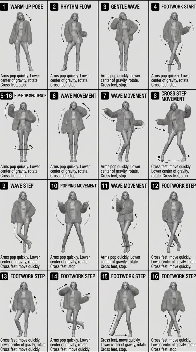 [STYLE]
Monochrome grayscale illustration, 3D-rendered character, clean instructional reference sheet, white background, comic-style cell grid layout, technical diagram aesthetic.

[LAYOUT]
4×4 grid layout with a total of 16 panels. Each panel is separated by thin black border lines. Cells are numbered from 1 to 16, with consistent panel sizes.

[CHARACTER]
 image1 (the same character appears consistently in all panels)

[PANEL STRUCTURE – per cell]

Top-left: bold number badge + English title text

Center: full-body character pose illustration

Bottom-left: English description text (3–4 lines)

Overlay: directional arrows indicating movement

[ARROWS / MOTION INDICATORS]
Curved arrows, straight arrows, and circular rotation indicators placed around the character to show motion flow and direction.

[RENDERING STYLE]
Highly detailed 3D sculpted style, soft studio lighting, subtle shadows, no color, grayscale shading, clean linework, game concept art quality.

[NEGATIVE]
No background scenery, no color tones, no additional characters, no complex background.