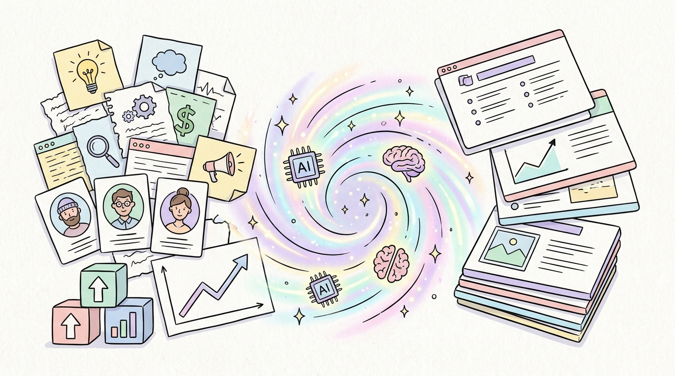 Ilustración dibujada a mano de notas dispersas de fundadores, tarjetas de clientes, gráficos de mercado y señales AI que se organizan en un borrador de presentación.