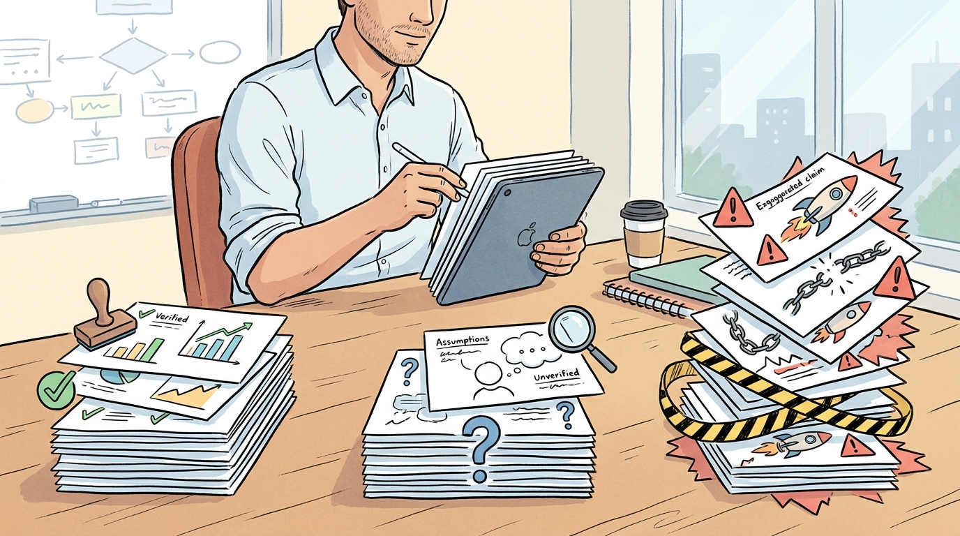 Ilustración dibujada a mano de un fundador que revisa las diapositivas de presentación generadas por AI separando hechos verificados, suposiciones abiertas y afirmaciones riesgosas sin fundamento.