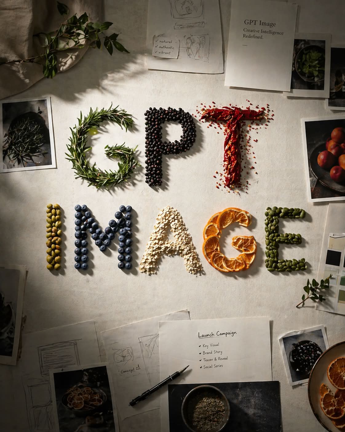 Póster de marketing con GPT Image formado a partir de ingredientes alimentarios.