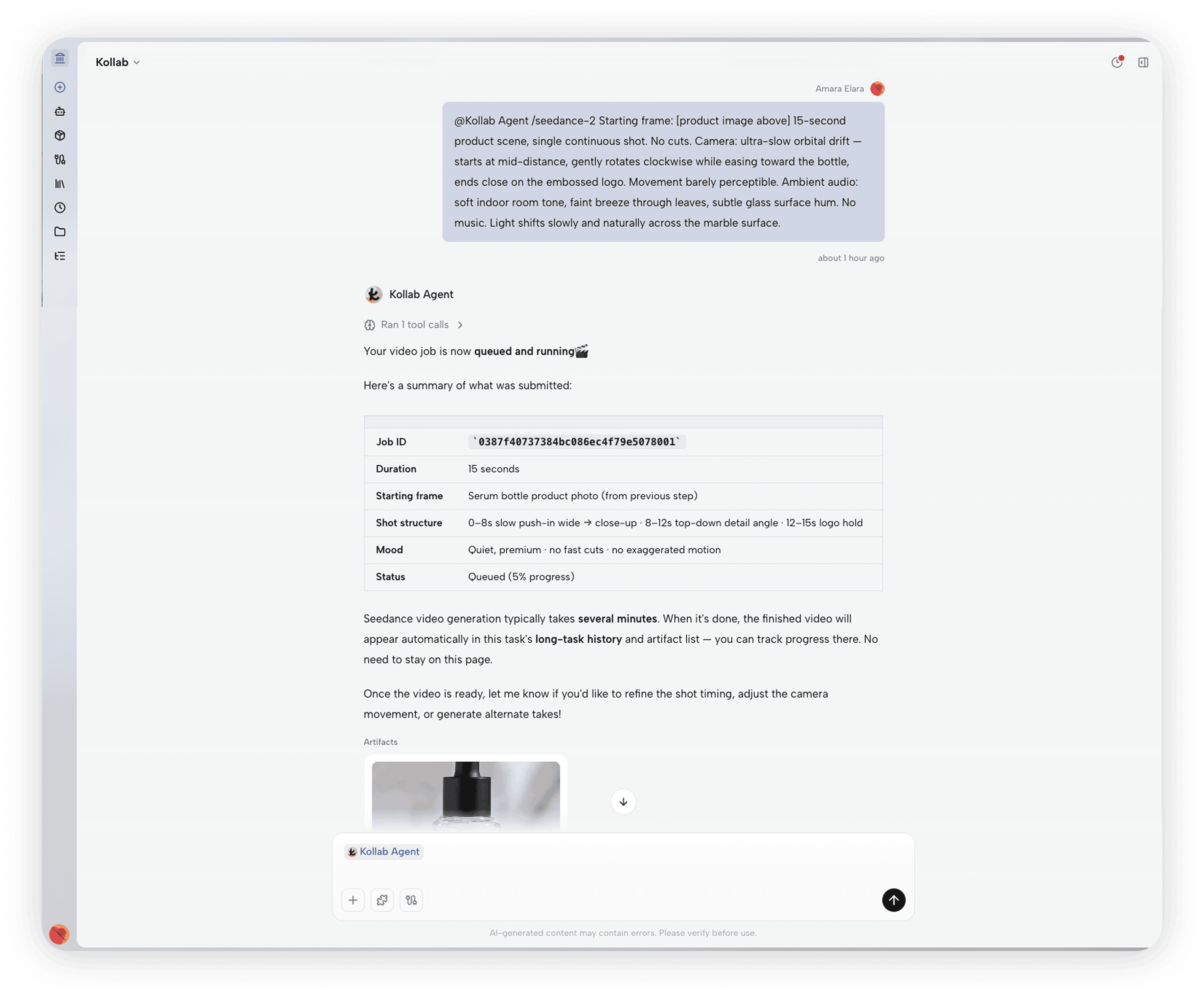 Seedance 2 convierte la imagen estática del producto en un anuncio de vídeo de 15 segundos con una toma continua.