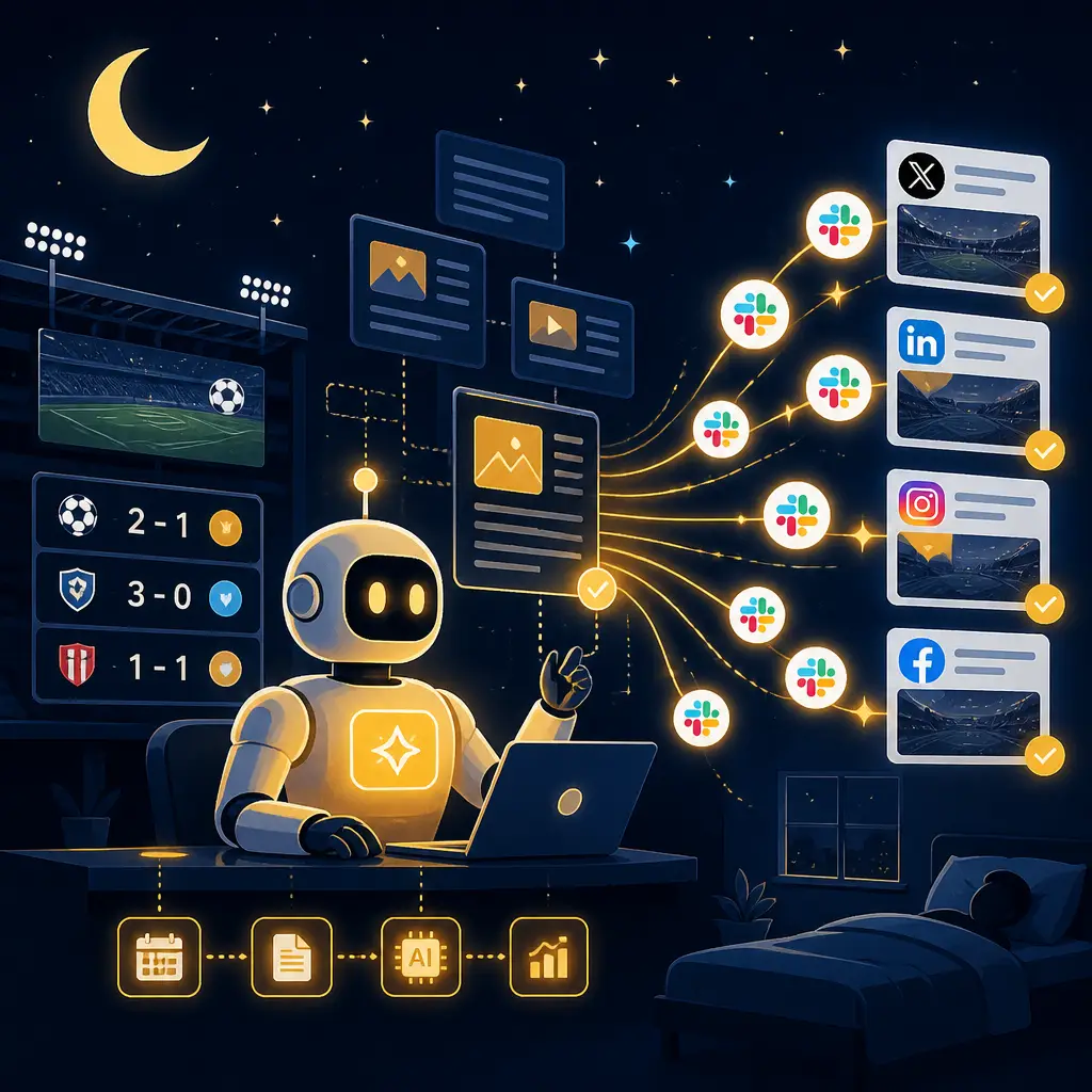 The Kollab Bot on overnight duty — match ends at 2am, draft lands in Slack before sunrise.