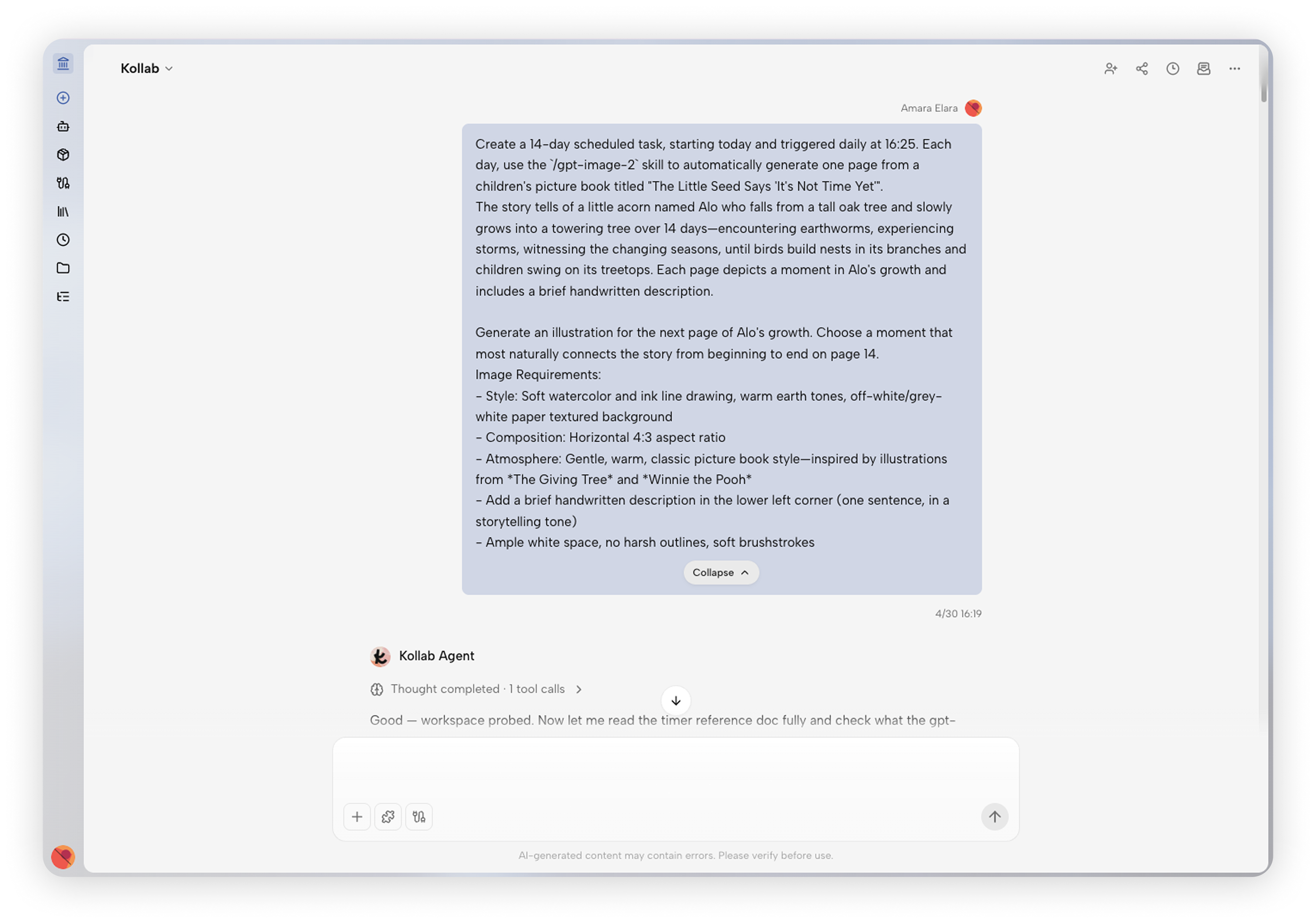 Configuración del flujo de trabajo Kollab para generar una nueva página de cuentos infantiles según un cronograma.