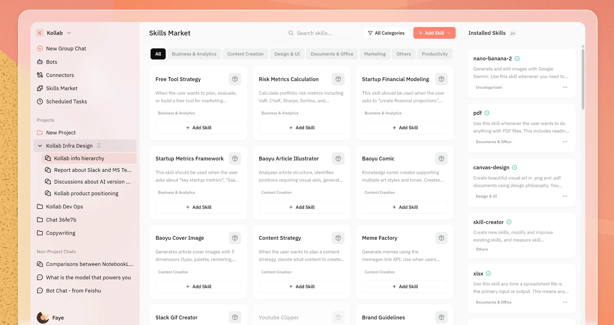 Kollab Skills Marketplace — one-click AI workflows built by your team, reusable for every client.