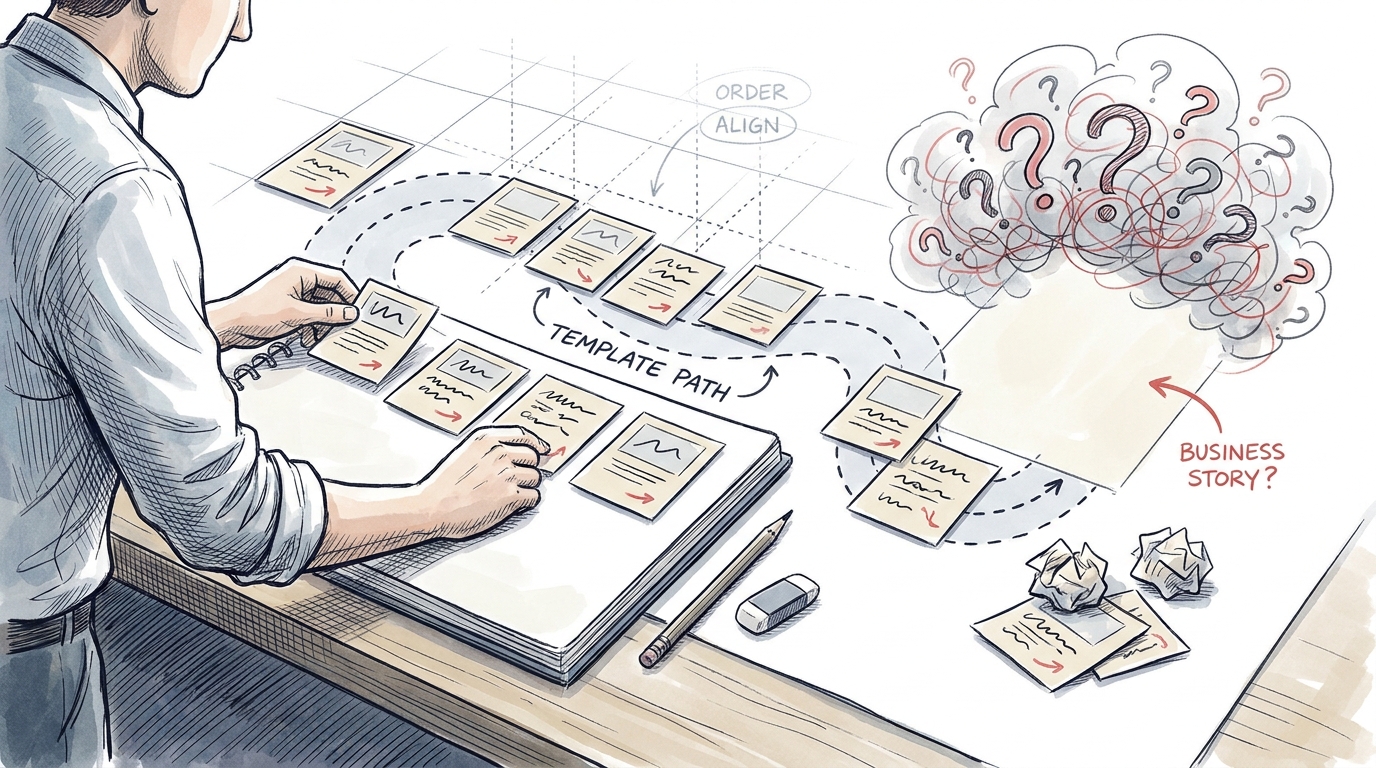 El fundador dibujado a mano organiza tarjetas de diapositivas a lo largo de una plantilla, mientras que una nube de signos de interrogación representa la historia empresarial no resuelta que un pitch deck template estático no puede resolver por sí solo.