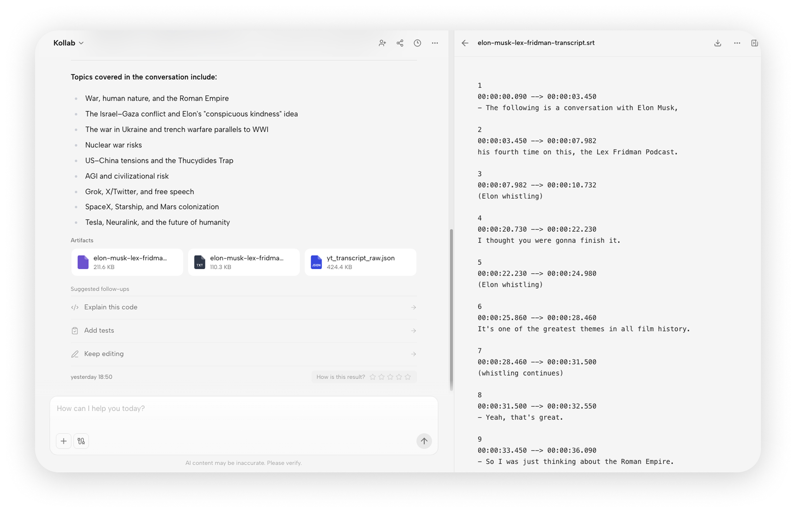 Kollab extrae el audio y genera una transcripción con marcas de tiempo.