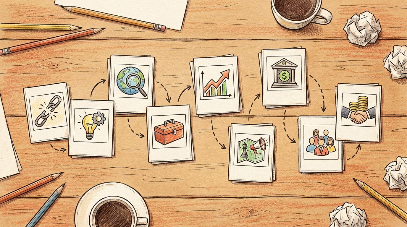 Ilustración de mesa dibujada a mano de diez tarjetas deslizantes investor pitch deck organizadas desde el problema y la solución hasta el mercado, la tracción, el equipo y la solicitud de financiación.